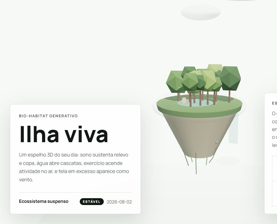 Ilha 3D do Bio-Habitat Generativo reagindo a métricas de rotina