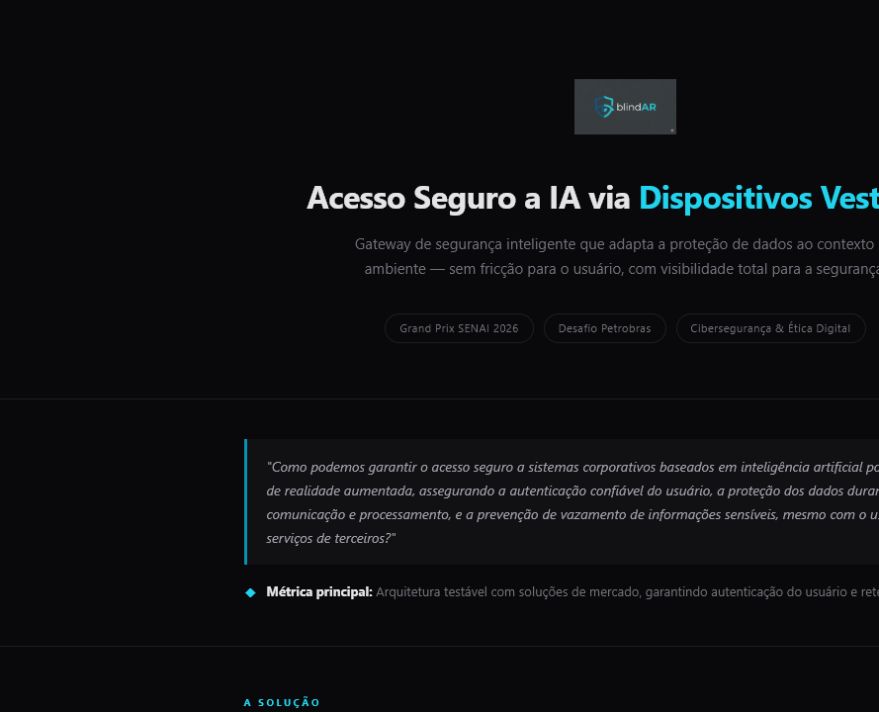 Página inicial do BlindAR apresentando a solução de segurança para dispositivos vestíveis