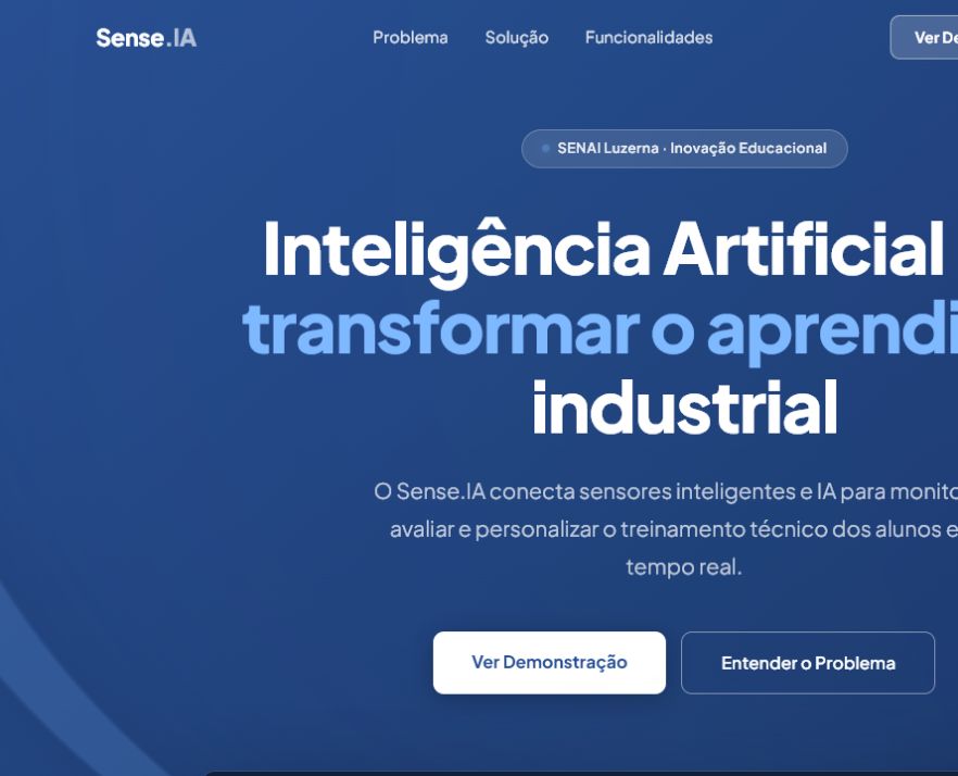Página institucional da Sense.IA apresentando sensores e inteligência artificial