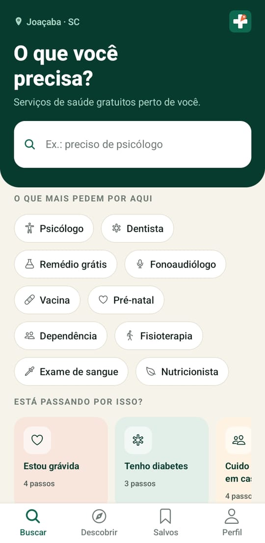 Tela inicial do Tem no SUS! com a pergunta O que você precisa?, campo de busca, demandas mais pedidas e trilhas para gestação e diabetes