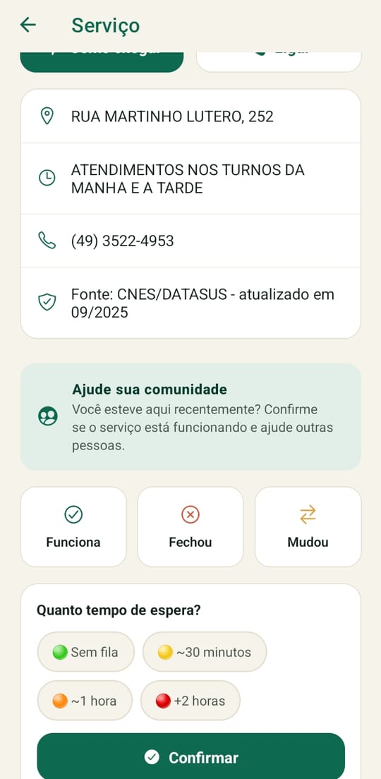 Tela do Tem no SUS! para a comunidade confirmar se um serviço funciona, fechou ou mudou, informar espera e ganhar pontos