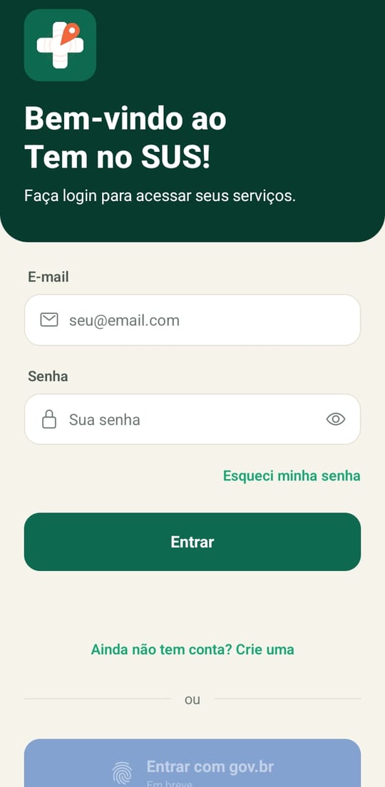 Tela de boas-vindas do Tem no SUS! com entrada por e-mail e senha ou conta Google, e a opção de criar conta