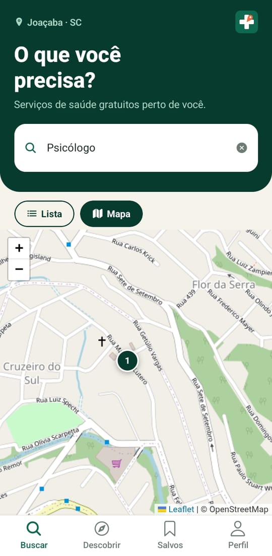 Busca por Psicólogo no Tem no SUS! em modo mapa, com pin numerado sobre Joaçaba