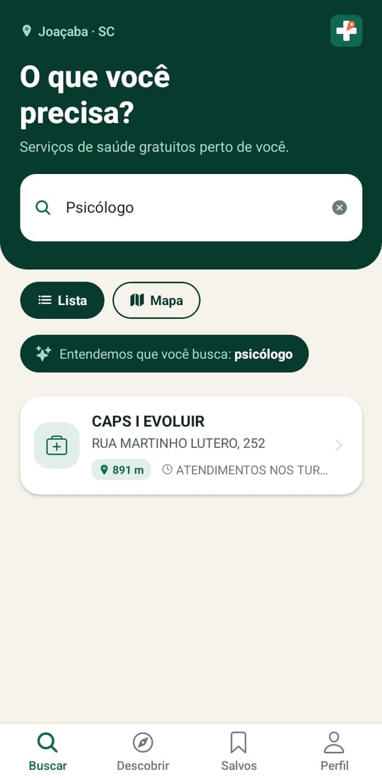 Busca por Psicólogo no Tem no SUS! em modo lista, mostrando o CAPS I EVOLUIR e sua distância