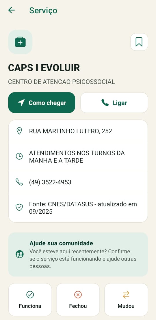 Detalhe do CAPS I EVOLUIR com rota, telefone, turnos de atendimento e fonte oficial CNES DATASUS atualizada em setembro de 2025